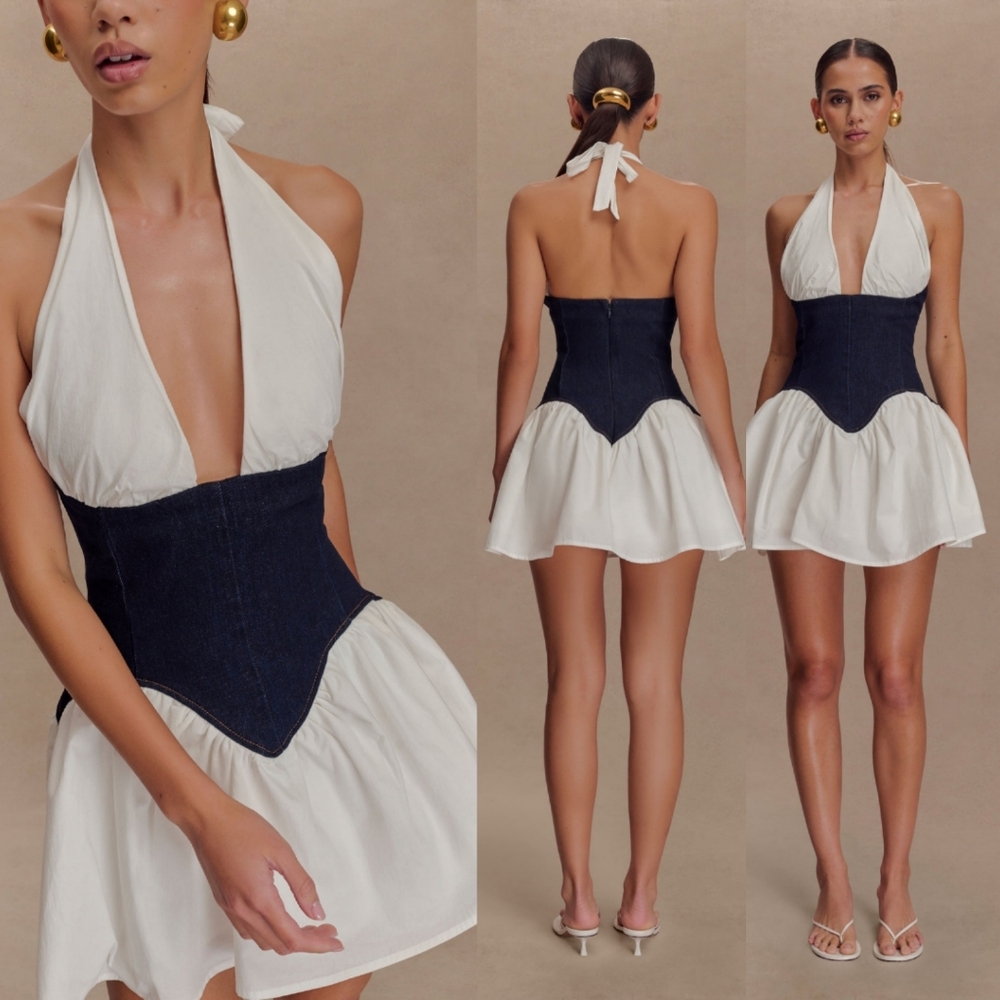 Meshki White Halter Mini Dress with Dark Blue Corset Waist